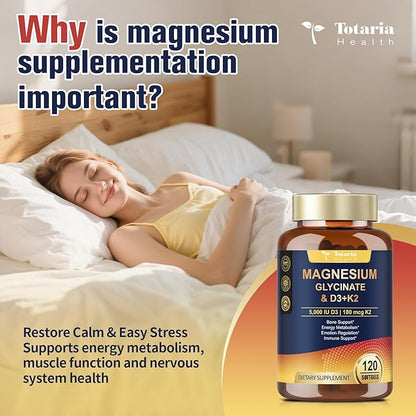9-in-1 Magnesium Glycinate 500mg + Vitamin D3 5000 IU & K2 Complex - High Absorption - Healthy Stress, Sleep, Muscle Function, Bone Health & Energy Supports | Non-GMO, Gluten-Free 120 Softgels