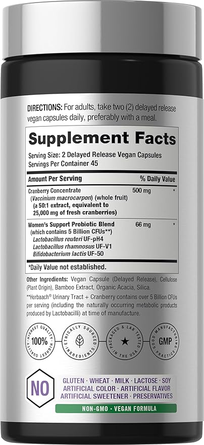 Horbaach Urinary Tract Health for Women | 90 Vegan Capsules | Probiotics and Cranberry for Vaginal Health | Vegan, Non-GMO, Gluten Free Supplement