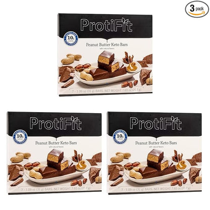 PROTIFIT - High Protein Peanut Butter Keto Bar 3 Pack, 10g Protein, Low Carb, Low Sugar, Gluten Free, Ideal Protein Compatible, 7 Servings Per Box, (3 Pack)