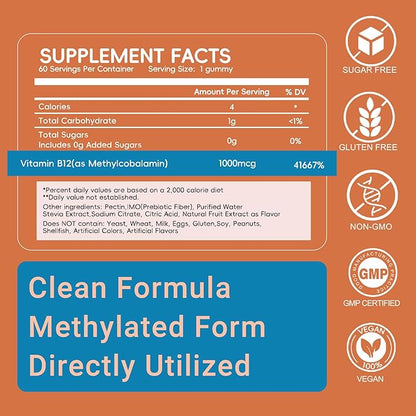 Methyl Vitamin B12 Gummies 1000mcg, Vitamin B12 Methylcobalamin Supplement for Energy & Metabolism, Sugar Free, Vegan, 60 Gummies.