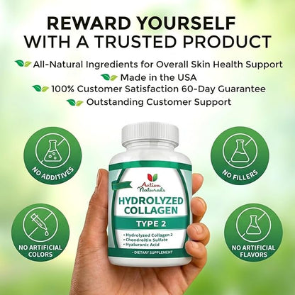 Collagen Type 2 Hydrolyzed Supplement with Chondroitin and Hyaluronic, for Healthy Hair, Skin, and Nails, No Fillers, Additives, and No Artificial Colors - 120 Vegetarian Capsules