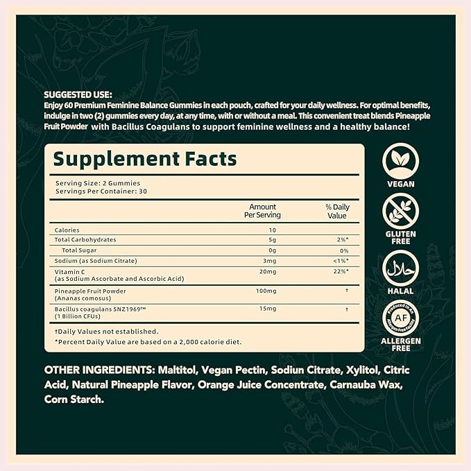 Feminine Balance Gummies - Pineapple Probiotics for Women for Premium Women’s Health & Wellness-Immune Support, Hawaiian Pineapple,60 Gummies (30 Servings)（P1）
