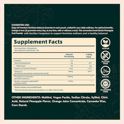 Feminine Balance Gummies - Pineapple Probiotics for Women for Premium Women’s Health & Wellness-Immune Support, Hawaiian Pineapple,60 Gummies (30 Servings)（P1）