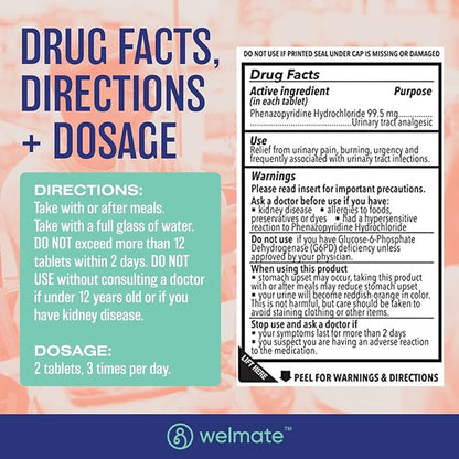 WELMATE Urinary Pain UTI Relief Maximum Strength (Phenazopyridine HCL) - Improve Urinary Tract Health & Bladder Control, Urgency, & Discomfort | Over-The-Counter Medication for Men & Women (120 Pills)