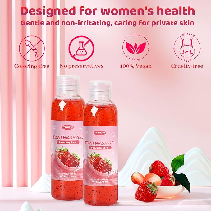 2 PCS Yoni Wash, Natural Feminine Wash for Women Ph Balance, Yoni Body Wash Vaginal Wash for Intimate Moisturizing Deodorant Remove Odor, Strawberry Scent