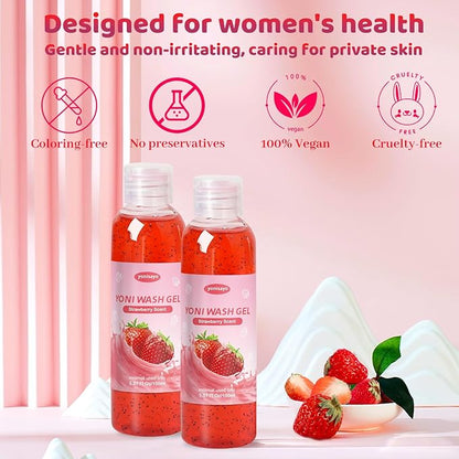 2 PCS Yoni Wash, Natural Feminine Wash for Women Ph Balance, Yoni Body Wash Vaginal Wash for Intimate Moisturizing Deodorant Remove Odor, Strawberry Scent