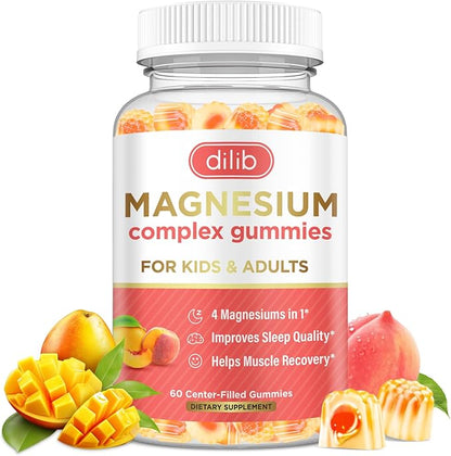 Magnesium Complex Gummies for Kids & Adults- Magnesium Glycinate, Taurate, Citrate, Malate Supplement-Support Calm Stress Relief, Bone, Muscle, Mood Vegan, Peach & Mango Flavor, 60 Gummies