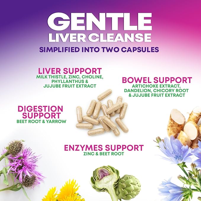 Gentle Liver Cleanse Detox & Repair Formula - Advanced Liver Support Supplement with Silymarin Milk Thistle, Dandelion Root, Artichoke Extract, Turmeric, Choline, & Beetroot - 60 Veggie Capsules