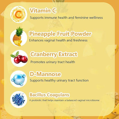 Feminine Probiotics Gummies, Vaginal Health & Women's pH Balance Gummy Supplement with Cranberry Pineapple Powder, Sugar Free Vegan, 60 Count (Pineapple)