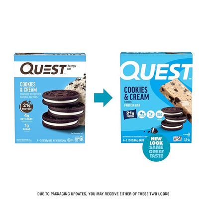 Quest Nutrition Cookies & Cream Protein Bars, 21g Protein, 4g Net Carbs, 1g Sugar, High Fiber, Gluten Free, Keto Friendly, 4 Count