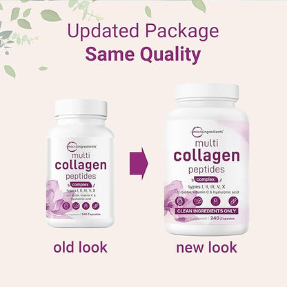 Micro Ingredients 2 Pack Multi Collagen Pills for Women & Men, 480 Capsules | Type I, II, III, V, X | Hydrolyzed Protein Peptides with Biotin, Hyaluronic Acid, & Vitamin C | Keto & Paleo Friendly