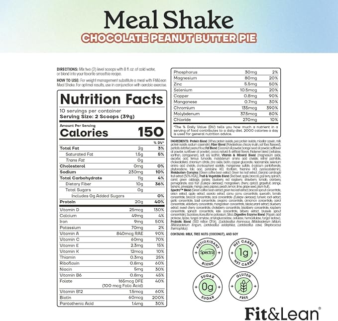 Fit & Lean Meal Shake Meal Replacement with Protein, Fiber, Probiotics and Organic Fruits & Vegetables, Chocolate Peanut Butter Pie, 1lb, 10 Servings