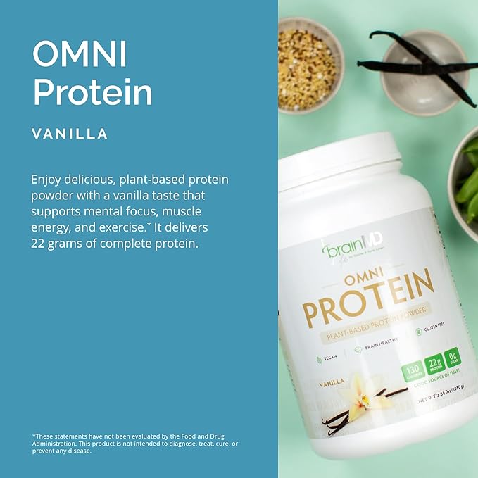 BRAINMD Dr Amen OMNI Protein Vanilla - 2.38 lbs - Plant-Based Protein Powder - Promotes Energy & Exercise Recovery - Vegan, Vegetarian, Sugar Free, Gluten Free - 30 Servings