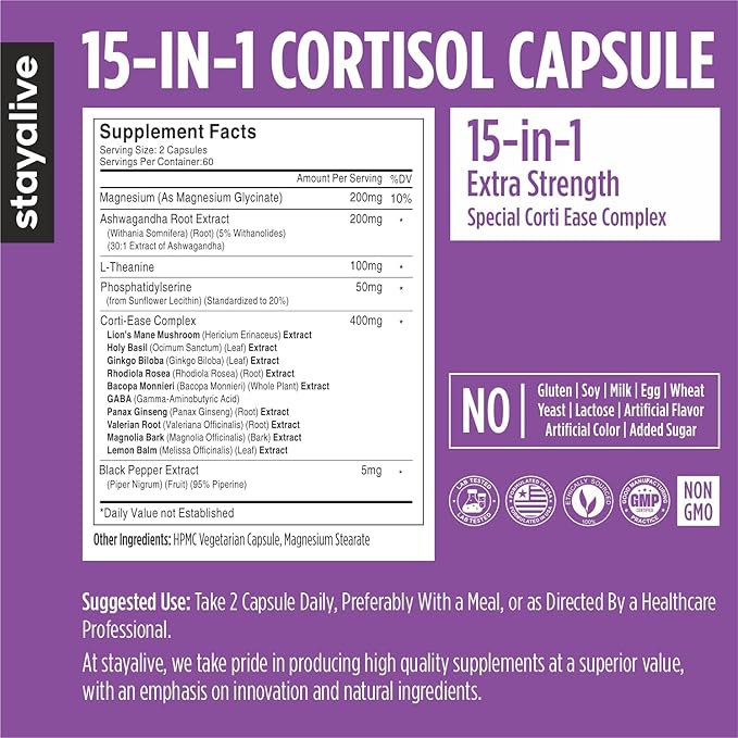 STAY ALIVE Cortisol Manager Supplement 15-in-1 Complex w/L-Theanine, Ashwagandha, Magnesium Glycinate, Phosphatidylserine and More, 120 Veg Capsules, Non-GMO & Gluten-Free Formula for Women and Men