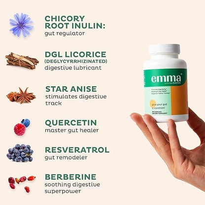 Emma Gut Health Relief Supplement, Doctor Endorsed Formula for Women & Men, Leaky Gut & Digestive Support for Constipation, Bloating & Gas Relief with Berberine, Resveratrol, Quercetin, 60 Caps,4-Pack