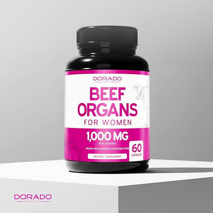 Beef Organ Supplement for Women - Grass Fed Beef Liver, Heart, Kidney & Uterus 1000mg Per Serving - Support Women's Energy & Overall Health - Third Party Tested & Non GMO - USA Made (60 Capsules)