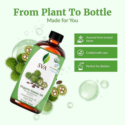 SVA Castor Seed Oil Organic - 16 Fl Oz – 100% Natural Cold Pressed Organic Castor Oil - for Face, Skin Care, Hair Care, Scalp Massage & Body Massage with Pump