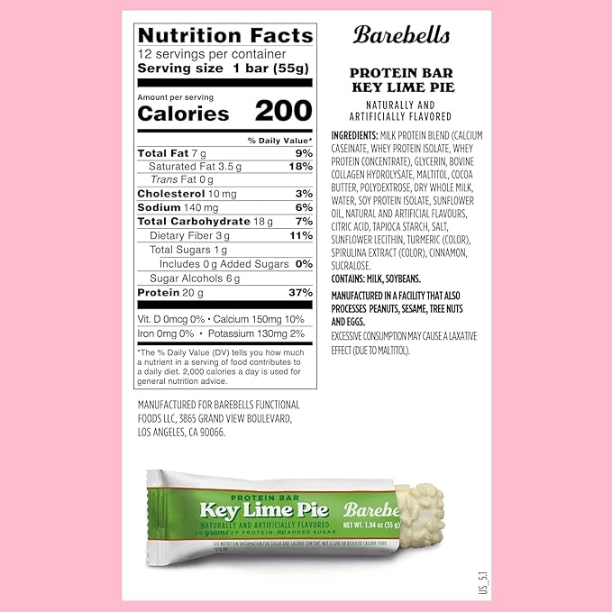 Barebells Protein Bars Key Lime – 12 Count (Pack of 2), 20g High Protein Treats – Key Lime Nutrition Bar with Low Sugar – On-The-Go Breakfast or Post-Workout Snack