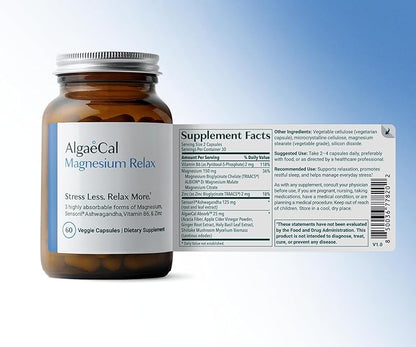 AlgaeCal Magnesium Relax™ - Chelated Magnesium with Ashwagandha for Sleep & Stress - Glycinate, Malate, Citrate - Sleep, Mood, & Cortisol Support (4 Months Supply)