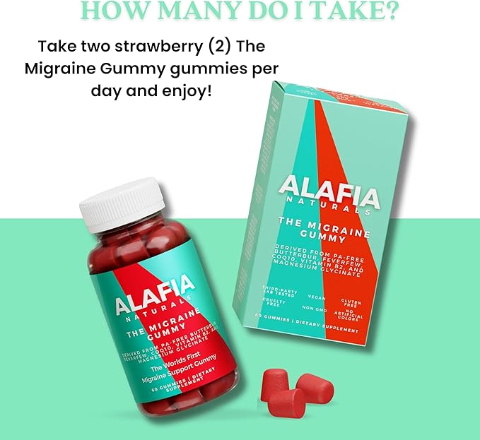 Alafia Naturals The Migraine Gummy - World's First Comfort and Support Gummy - Magnesium Glycinate, Butterbur, Feverfew, CoQ10, Vitamin B2 400mg Riboflavin 400mg 60ct
