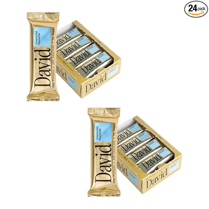 David Protein Bar, Cinnamon Roll, 24 Protein Bars | 28g of Protein | 150 Calories | 0g of Sugar - High Protein, Low Carb, Gluten Free Protein Bar, Pack of 24