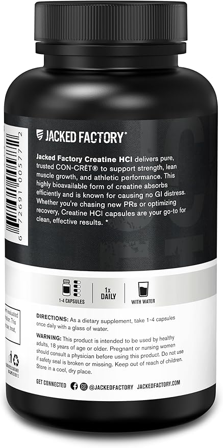Jacked Factory Creatine HCl Capsules - CON CRET Creatine Pills 750mg - Lean Muscle Growth & Recovery, Boost Strength & Endurance, No Bloating or Cramps - 120 Capsules