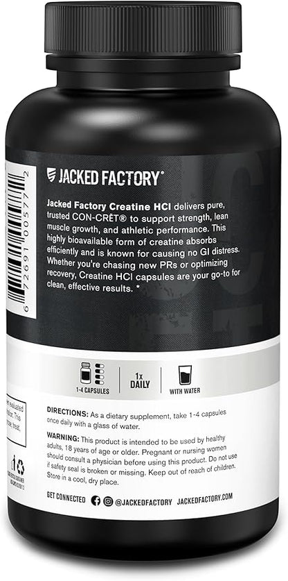 Jacked Factory Creatine HCl Capsules - CON CRET Creatine Pills 750mg - Lean Muscle Growth & Recovery, Boost Strength & Endurance, No Bloating or Cramps - 120 Capsules