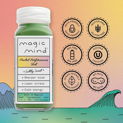 Magic Mind Focus Energy Drink Shots - No Jitters, Stress Relieving, Ashwagandha, Functional Mushrooms, Matcha Green Tea, Vitamin B12, Vitamin C - 2 FL Oz (5 Pack)