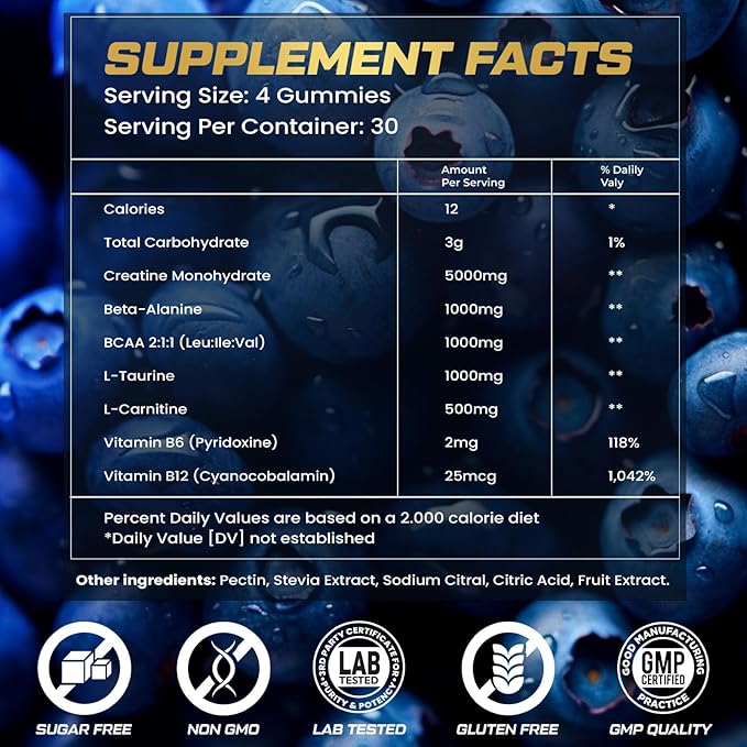 Creatine Monohydrate Gummies for Men & Women, 9000MG Creatine Gummies Sugar Free with L-Taurine, BCAA 2:1, B12 B6 for Boost Strength, Focus & Endurance, Vegan, Non-GMO, Blueberry 120pcs