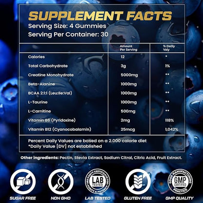 Creatine Monohydrate Gummies for Men & Women, 9000MG Creatine Gummies Sugar Free with L-Taurine, BCAA 2:1, B12 B6 for Boost Strength, Focus & Endurance, Vegan, Non-GMO, Blueberry 120pcs