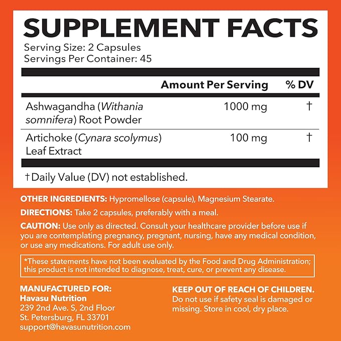 Ashwagandha 1000mg with Artichoke Extract Per Serving - Ashwagandha Capsules for Stress, Mood and Energy Support - Adaptogenic Herbal Support for Men and Women - 90 Count - Vegan, Non-GMO, 45 Servings