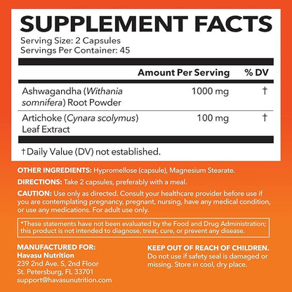 Ashwagandha 1000mg with Artichoke Extract Per Serving - Ashwagandha Capsules for Stress, Mood and Energy Support - Adaptogenic Herbal Support for Men and Women - 90 Count - Vegan, Non-GMO, 45 Servings