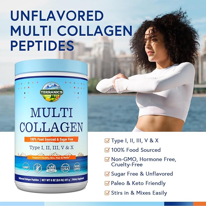 Terranics Multi Collagen Peptides Powder, Type I II III V X Hydrolyzed Collagen for Women+Men, Collagen Supplements, Fast Dissolve, Unflavored Colageno, No Sugar, Keto, 8oz