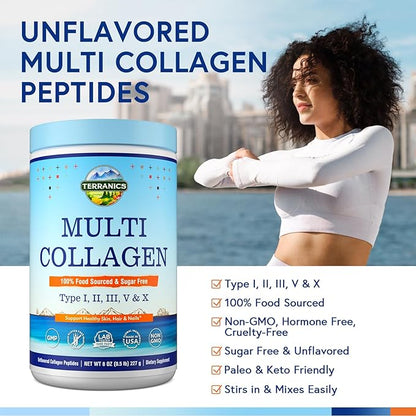 Terranics Multi Collagen Peptides Powder, Type I II III V X Hydrolyzed Collagen for Women+Men, Collagen Supplements, Fast Dissolve, Unflavored Colageno, No Sugar, Keto, 8oz