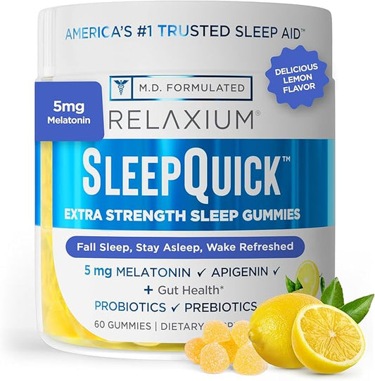 Relaxium SleepQuick Gummies - Sleep Aid + Gut Health & Immune Support, 5 mg Melatonin, Vitamin D-3 + Prebiotic & Probiotic Blend, Gluten & Drug Free, Lemon Flavor, 60 Gummies