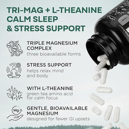 Wild Foods 3 in 1 Magnesium Glycinate L Theanine for Calm Sleep & Muscle Relaxation - Glycinate, Malate, Taurate - 100% Natural Magnesium Complex for Women and Men - 60 Capsules