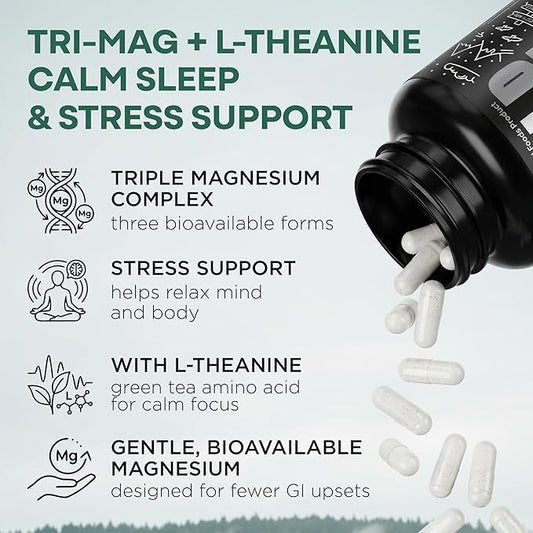 Wild Foods 3 in 1 Magnesium Glycinate L Theanine for Calm Sleep & Muscle Relaxation - Glycinate, Malate, Taurate - 100% Natural Magnesium Complex for Women and Men - 60 Capsules