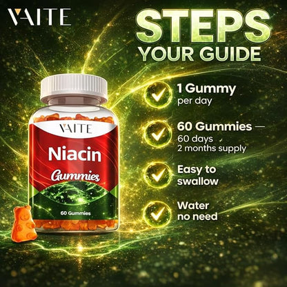 VAITE Niacin (Vitamin B3) 1000mg Supplement – Antioxidant & Energy Support, Nicotinic Acid for Nutrient Conversion & Skin Hydration, Sugar-Free, 60 Vegan Gummies, Non-GMO, Daily Chewable
