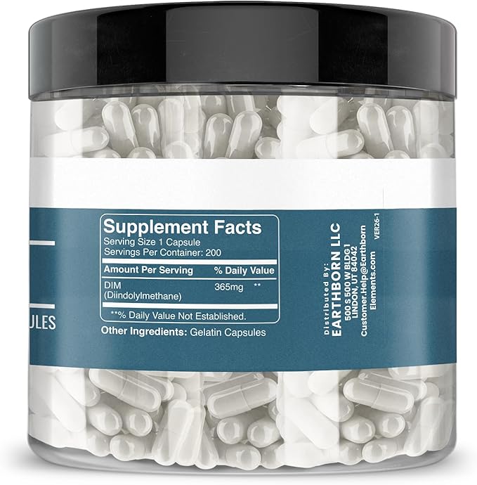 Earthborn Elements DIM (Diindolylmethane) 200 Capsules, Pure & Undiluted, No Additives