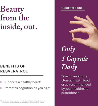 Reserveage Beauty, Resveratrol 100 mg, Antioxidant Supplement for Heart and Cellular Health, Supports Healthy Aging and Immune System, Paleo, Keto, 60 Capsules (60 Servings)