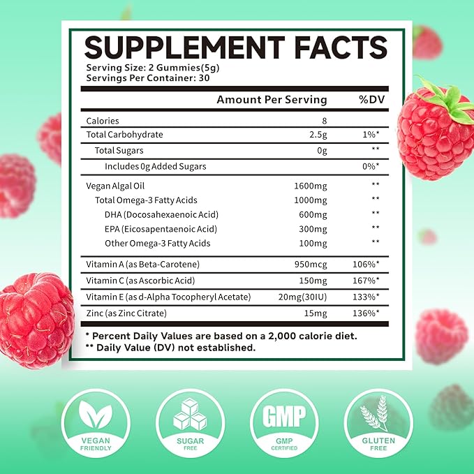 Vegan Omega-3 Gummies 1000mg, Omega 3 Fish Oil Alternative for Adults, Algae-Based DHA 600mg & EPA 300mg + Vitamins A, C, E, Zinc, Supports Overall Wellness, No Fish Taste, 60 Count