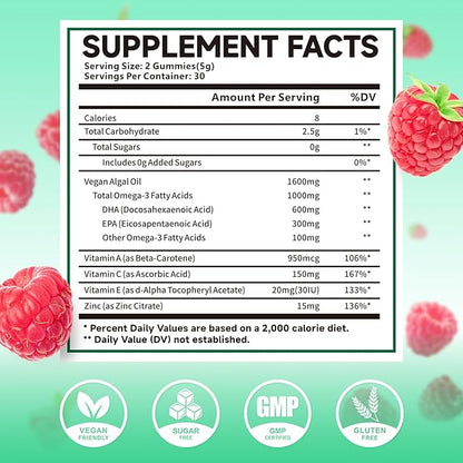 2 Pack Omega-3 Gummies 1000mg, Omega 3 Fish Oil Alternative for Adults, Algae-Based DHA 600mg & EPA 300mg + Vitamins A, C, E, Zinc, Supports Overall Wellness, Raspberry Flavor, 120 Count