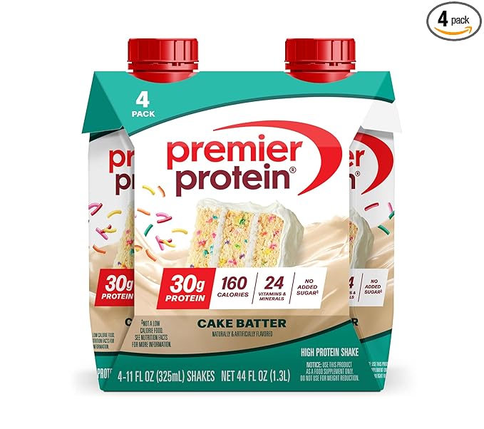 Premier Protein Shake, Cake Batter, 30g Protein, No Added Sugar, 24 Vitamins & Minerals to Support Immune Health, 11 fl oz, 4 Pack