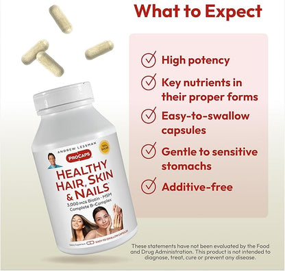 ANDREW LESSMAN Healthy Hair, Skin and Nails 240 Capsules - 3000 mcg High Bioactivity Biotin, B-Complex. Promotes Beautiful Skin, Strong Nails. No Additives Hair Growth Vitamins Biotin Supplement