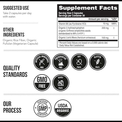 Organic 5-HTP - 200 mg | 99% 5HTP Concentration, Plus Cofactor Vitamin B6 & Lion’s Mane | Water Extracted from Organic Griffonia Seeds | Supports Mood, Cognition & Sleep (60 Capsules | 30 Servings)
