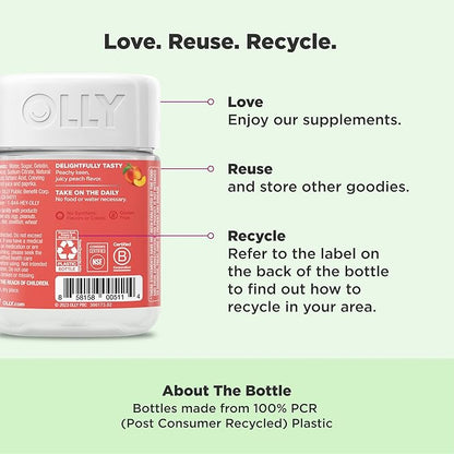 OLLY Probiotic + Prebiotic Gummy, Digestive Support and Gut Health, 500 Million CFUs, Fiber, Adult Chewable Supplement for Men and Women, Peach, 30 Day Supply - 30 Count
