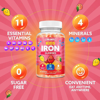 Iron Gummies for Kids & Teens, Kids Multivitamin with Iron Supplement, Calcium, Folate, Zinc, Prebiotic - for Blood Builder & Energy Support, Iron Deficiency - Vegan & Non-GMO - Mango & Peach