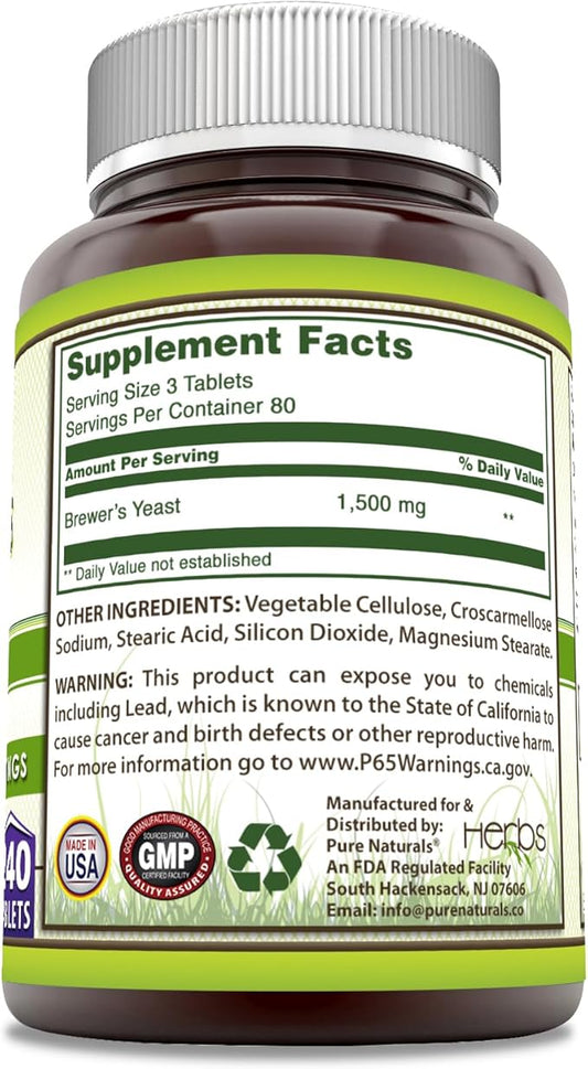 Pure Naturals Brewer's Yeast Supplement | 1500 Mg per Serving | 240 Tablets | Non-GMO | Gluten-Free | Made in USA
