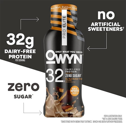 OWYN Only What You Need Pro Elite No Nut Buttercup Flavored Protein Shake, 32g Protein, 0g Sugar, High Protein, Dairy Free, Gluten Free, Plant Based Protein Drink, 12 Count