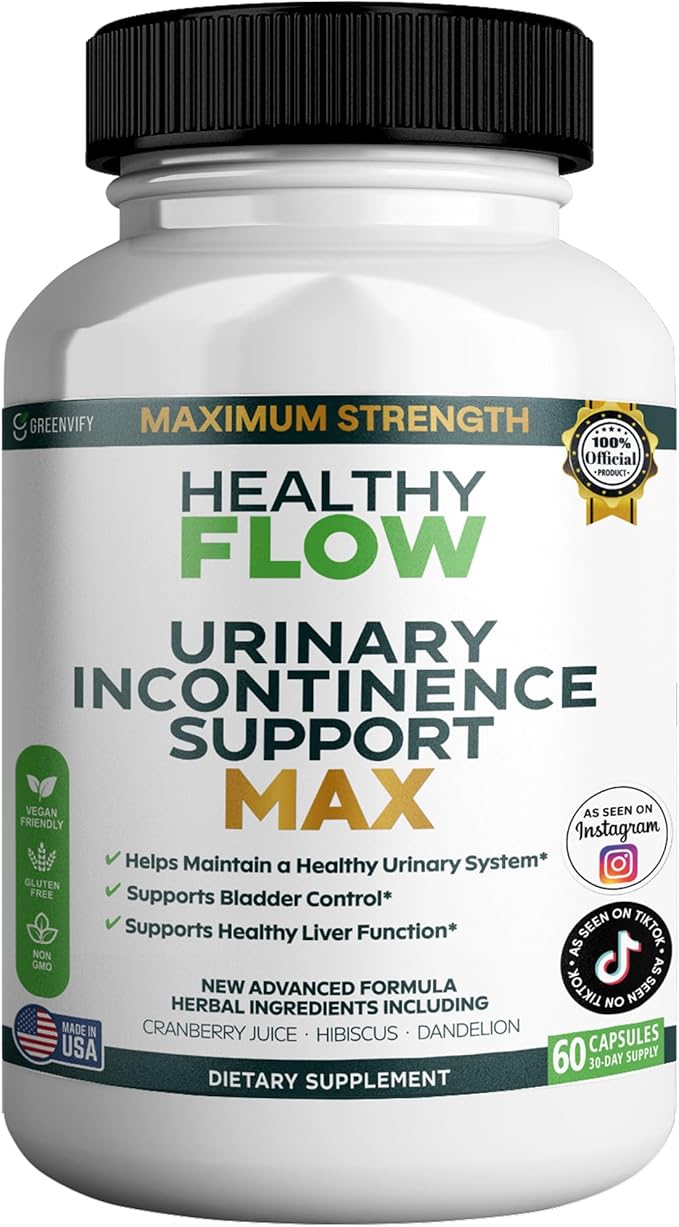 Healthy Flow Urinary Incontinence Support Max, 60 Veggie Capsules, Cranberry Juice Hibiscus Dandelion Formula, 30 Day Supply